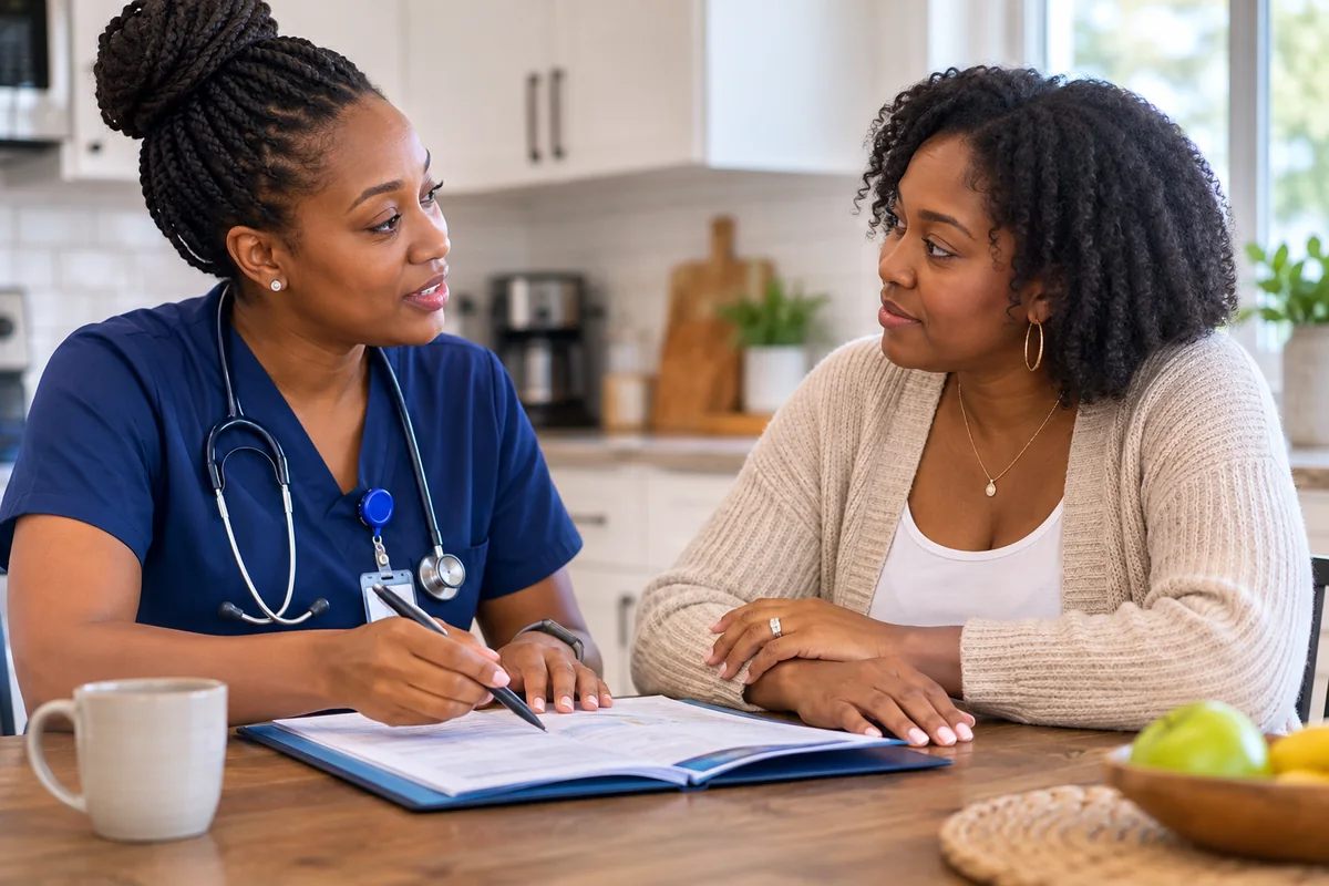 A pediatric nurse and a mother sit at the kitchen table, going through a care plan folder together