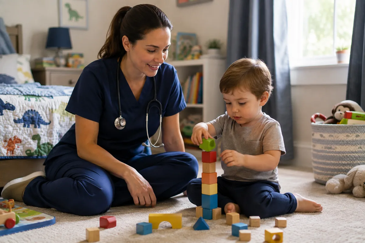 A pediatric nurse plays with wooden blocks beside a toddler in his bedroom